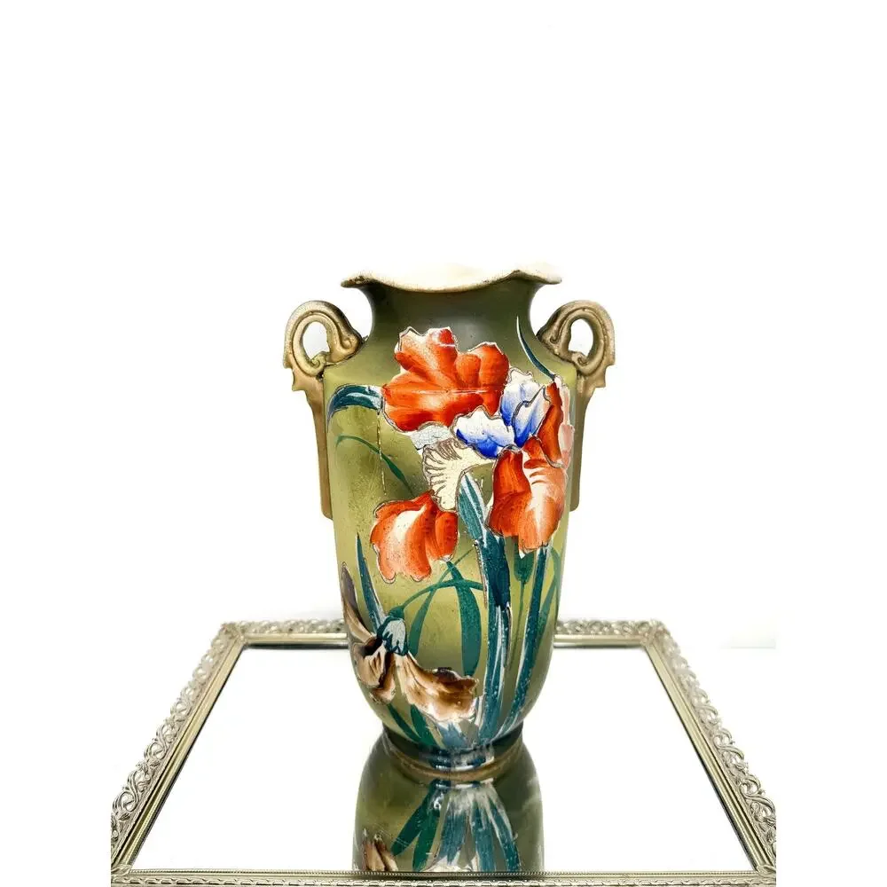 Stunning Large Antique Asian Handpainted Pottery Vase Ruffle Rim Handles Raised